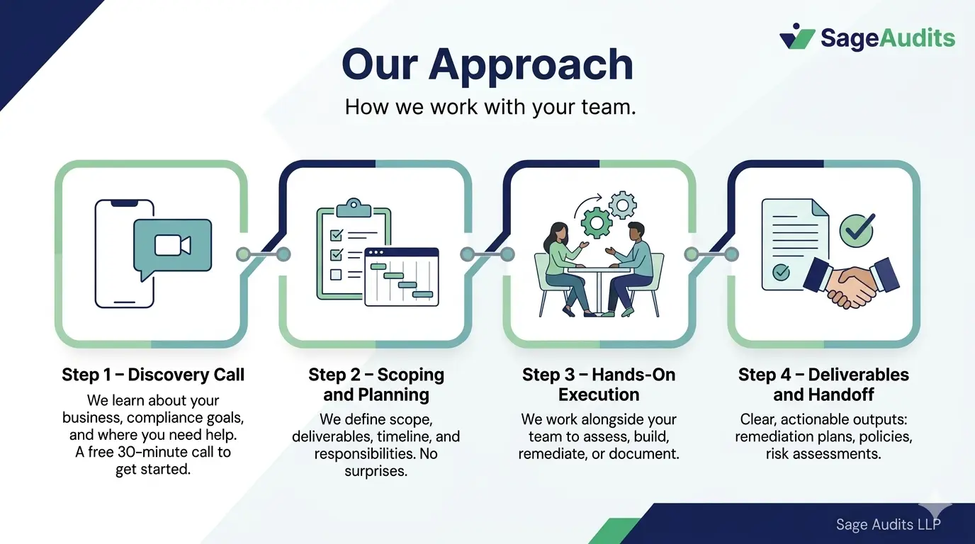 Our 4-step GRC approach: Discovery Call, Scoping and Planning, Hands-On Execution, and Deliverables and Handoff